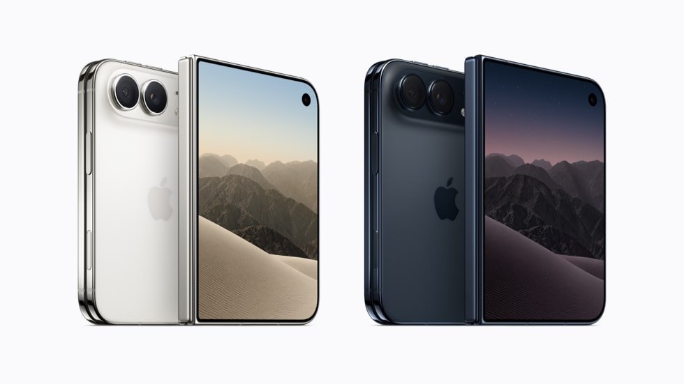 Apple iPhone Duo foldable phones shown partially open; image courtesy of Apple